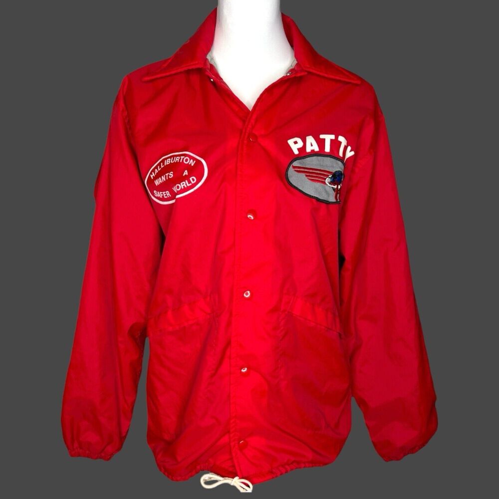 Vintage 70s Red Halliburton Logo Patch Safer World Windbreaker Jacket S